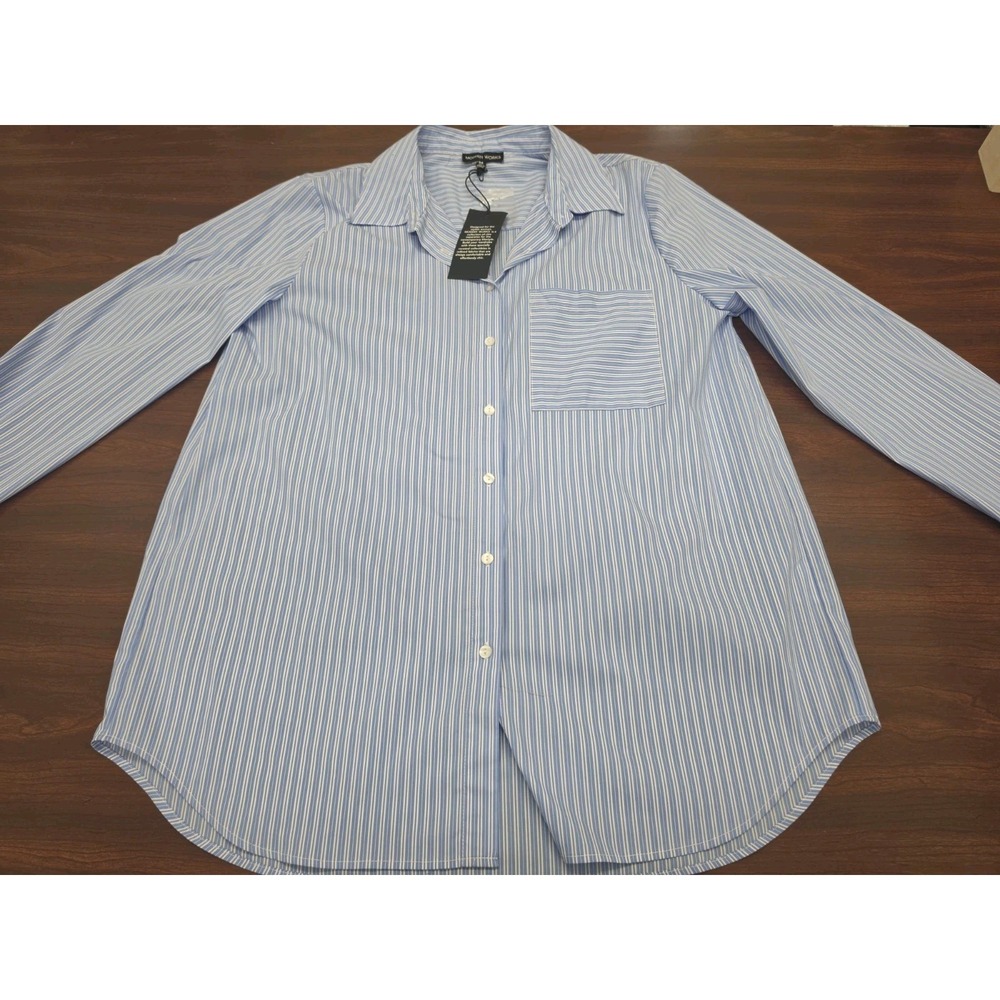 Modern Works Button Down Shirt NWT Blue White Striped Long Sleeve Collarless M